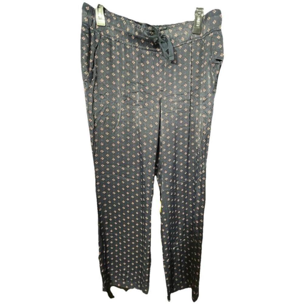 Ann Taylor LOFT Pajama Pants Drawstring Lounge Navy Blue Print Satin Sz 6